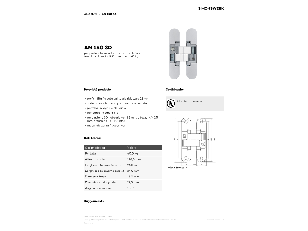 Cerniera Invisibile Istar AN150 3D Porta a Filo mm.110x24x21h Portata kg.40 varie finiture | Anselmi - immagine 9